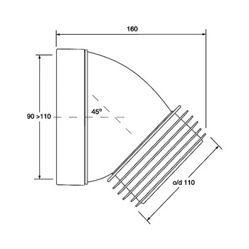 Przyłącze kanalizacyjne, krótkie L-160mm,wejście 90-110mm,wyjście 110mm, kąt 45