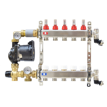 Rozdzielacz ze stali nierdzewnej do ogrzewania podłogowego CS-Rot05 7F, z grupą mieszająco-pompową, z pompą DAB Evosta2 65/130
